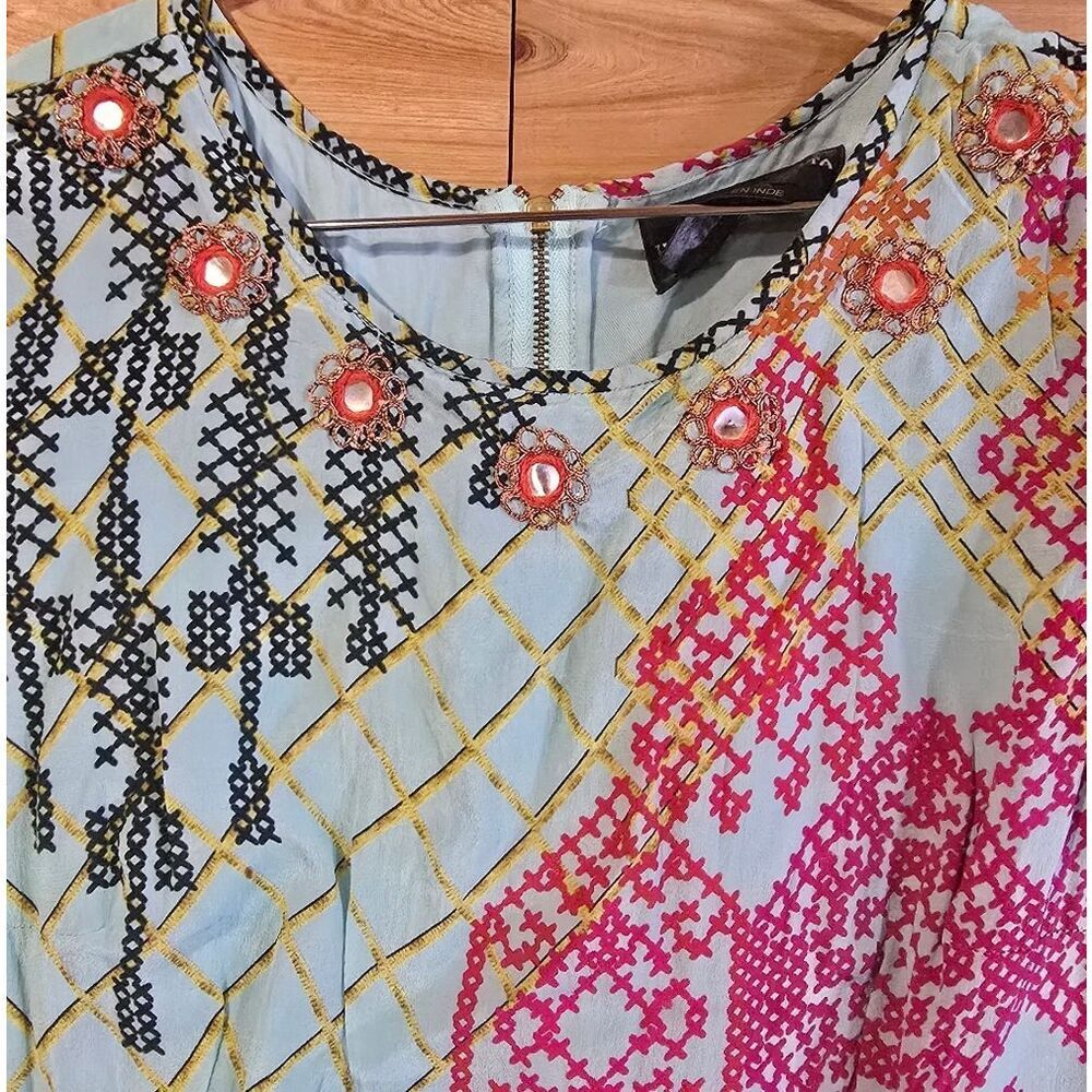 3359 Hemant & Nandita 100% Silk Boho Patchwork Mini Dress Lined Fit & Flare Sz 4 - Picture 6 of 9